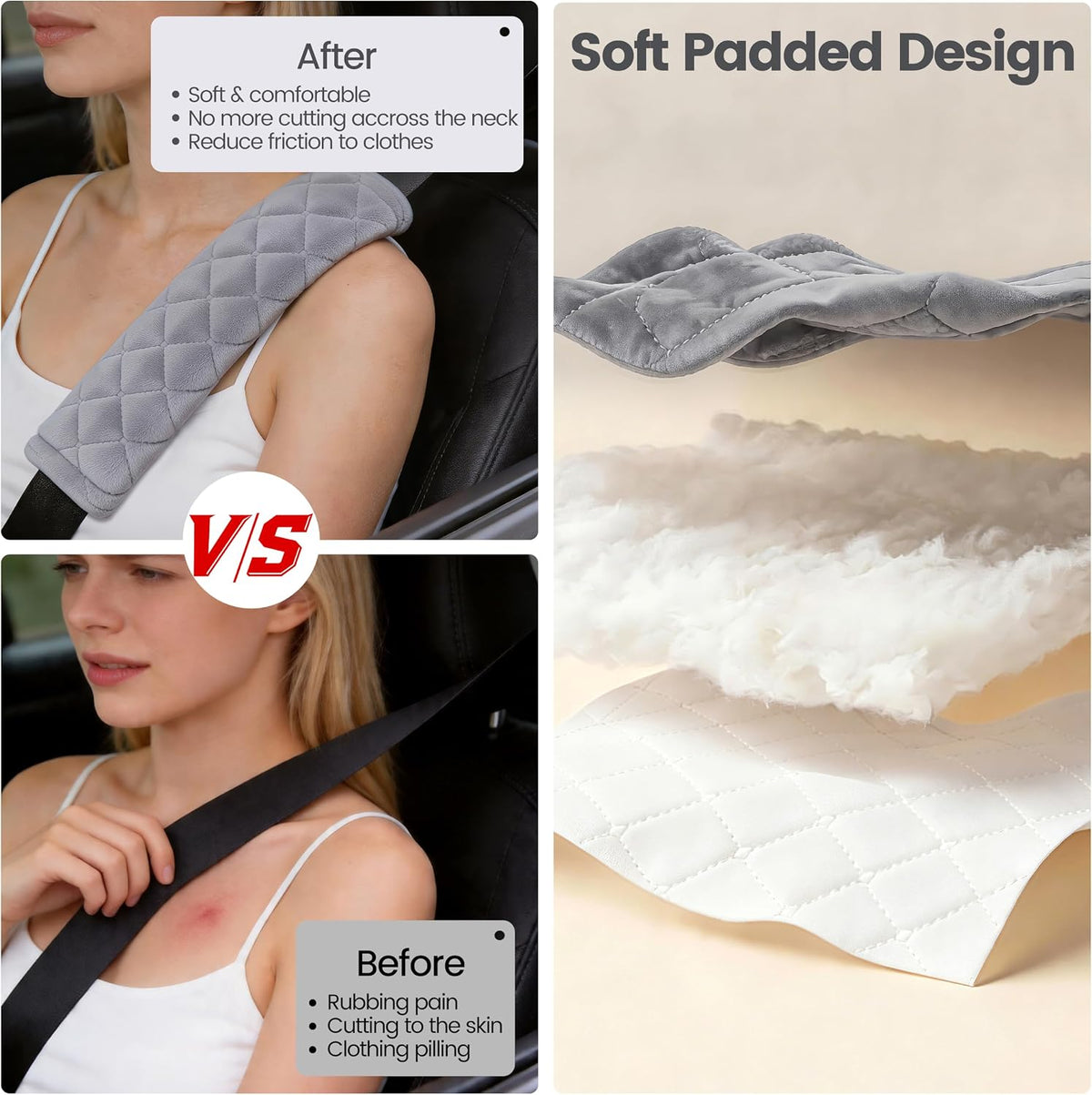 2 Pack Seat Belt Covers Soft Shoulder Pad for Cars & Backpack | Universal fit for cars trucks SUVs, reduce neck friction for seatbelt comfort, backpack strap cushion, Light Grey