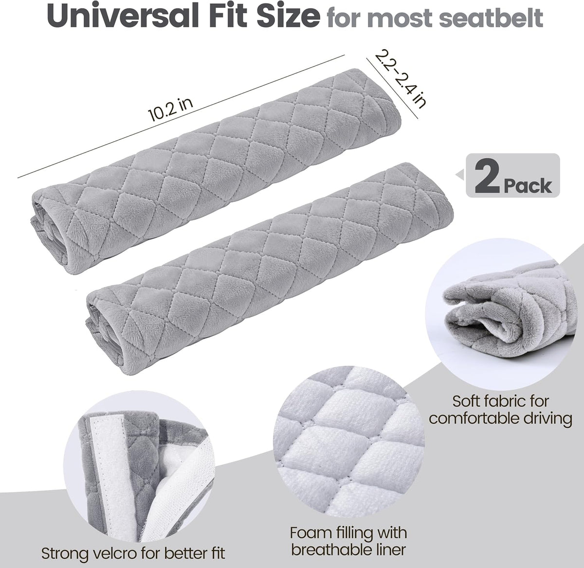 2 Pack Seat Belt Covers Soft Shoulder Pad for Cars & Backpack | Universal fit for cars trucks SUVs, reduce neck friction for seatbelt comfort, backpack strap cushion, Light Grey